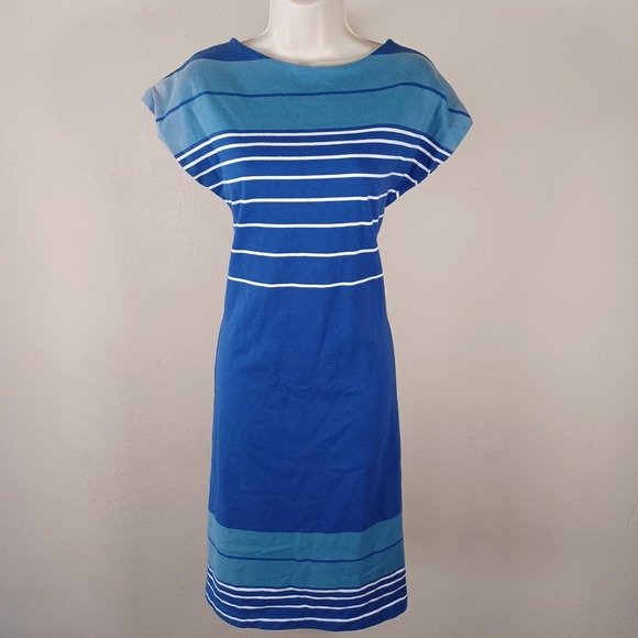 Dresses & Skirts - Vintage 1960s Mod Boat Neck Shift Dress Resort Nautical Blue Stripes Cap Sleeve